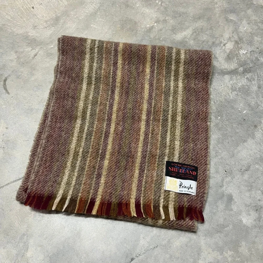 Vintage Pringle of Scotland Lochcarron Shetland Wool Scarf Striped Brown